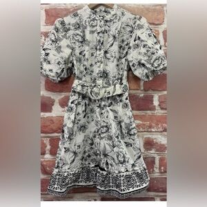 Joie Floral Print Belted Short Sleeve Dress - Black & White
